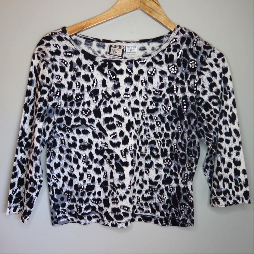 Vintage Y2K Take Two Leopard Print Sequin Sparkle Top XS / S 3/4 sleeve